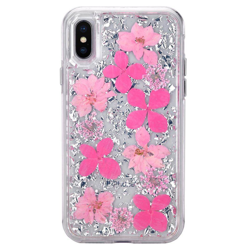 iPhone Xr 6.1in Luxury Glitter Dried Natural FLOWER Petal Clear Hybrid Case (Silver Pink)